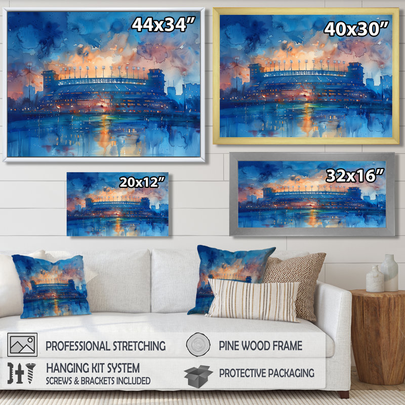 «Blue Orange Footbal Stadium At Night - Stades», reproduction d'art mural, Toile tendue, H 12 po x l 20 po x P 1 po