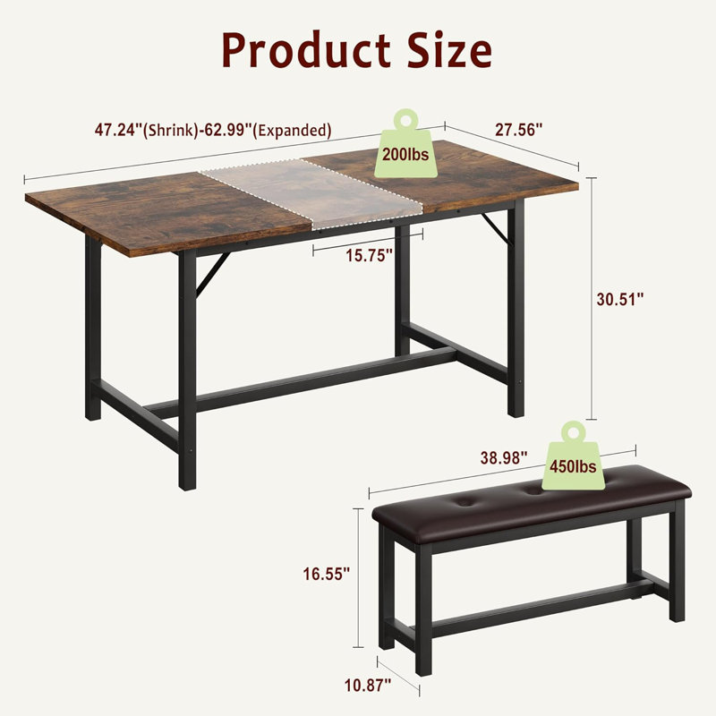 63" Dining Table Set for 4-6, Large Extendable Kitchen Table Set with 2 Upholstered Benches for 6, 3 Piece Rectangle Dining Table Set for 4 for Apartment, Saving Space