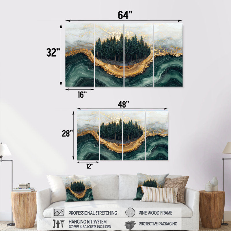 Paysage de forêt de pins sur l'horizon émeraude II - Art mural forêt - art mural traditionnel, toile 4 pièces