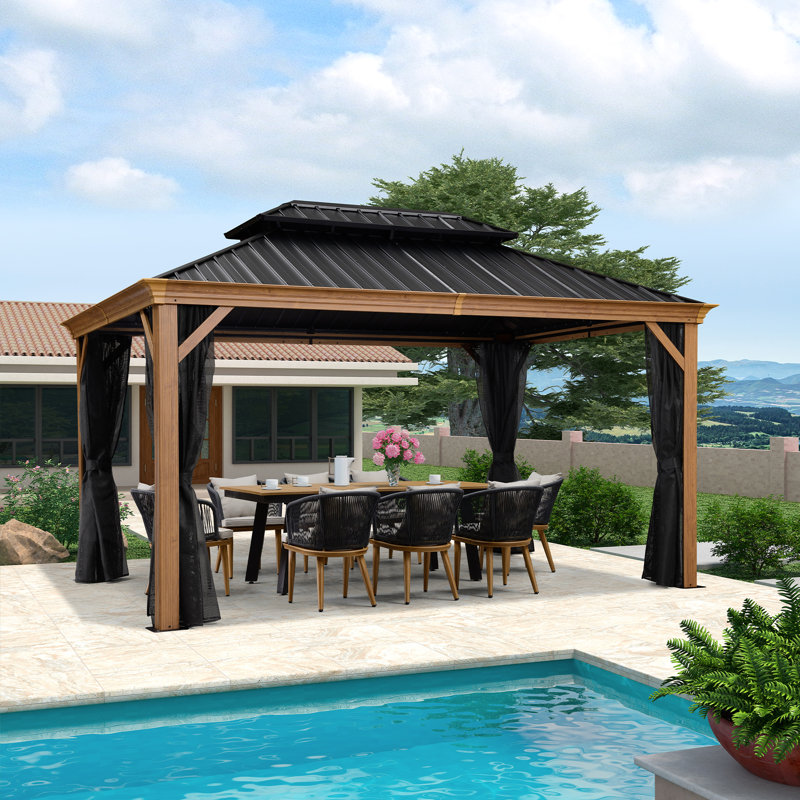 PURPLE LEAF 10' X 14' Hardtop Gazebo Outdoor Wood Grain Aluminum Frame Galvanized Steel Double Roof Gazebos with Netting and Curtains