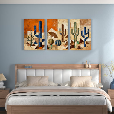 Geometric Cactus and Desert Landscape Canvas Wrapped Wall Art, Abstract Oil Painting Print (Set of 3)