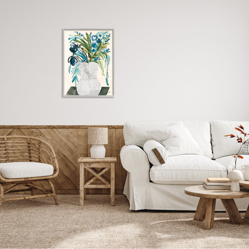 Arrangement floral abstrait moderne en cascade de fleurs bleues par - Peinture, H 30 po x l 24 po
