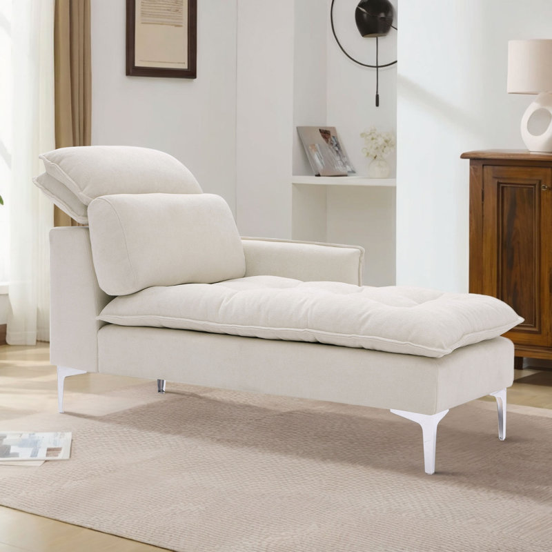 55" Upholstered One Arm Chaise Lounge Chair with Adjustable Headrests And Lumbar Pillow, Beige