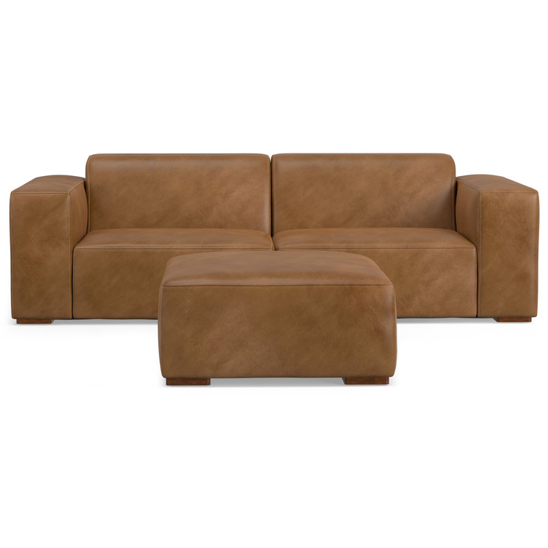 Rex 88" Genuine Leather Modular Sofa and Ottoman, Caramel Brown Genuine Leather