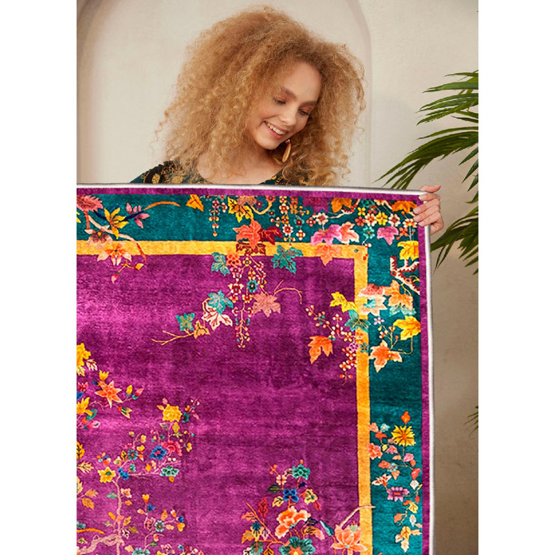Wencil Non-Slip Cotton Area Rug (5.2 x 7.5 ft), Fuchsia & Yellow, 100% Cotton, 1.0 in Pile Height | Antibacterial, Machine Washable, PVC Underside, Durable Design for Living Room & Bedroom | Easy Care, Stylish Home Décor