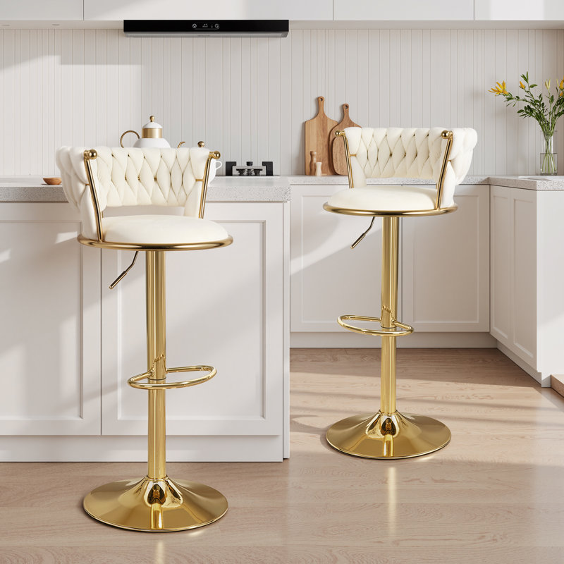 15.75" Velvet Swivel Bar Stool With Gold Frame & Footrest, Adjustable Height Princess Vanity Chair With Backrest, Soft Padded Makeup Chair For Bedroom, Salon, Kitchen Island