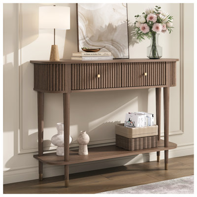 43" Entryway Table With Drawers, Fluted Console Table With Storage Shelf, Narrow Sofa Table For Living Room, Hallway, Foyer, Walnut