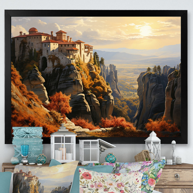 Greece Meteora Enigma I - Landscapes Canvas Art Print, Cadre photo noir, H 16 po x l 32 po x P 1 po