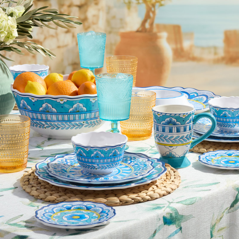 Porto 12pc Melamine Dinnerware Set for 4 – artistically designed Talavera Tile Art, Turquoise Blue Yellow Mandala, Shatterproof Outdoor Plates Bowls, Mediterranean Patio Dining, Poolside Entertaining Magic