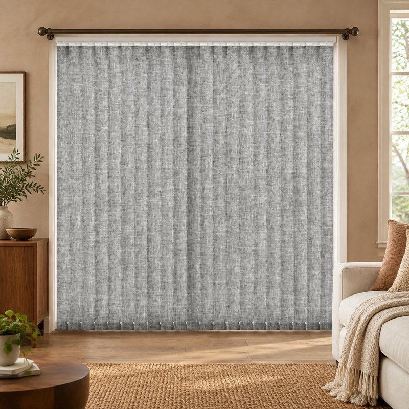 Grey polyester vertical-blind replacement slats, 34 Pack, with light-filtering coverage for sliding glass doors and patio areas.