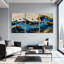 Nautique et plage, vagues de l'océan avec accents dorés et tons bleus, ensemble de 3 impressions sur toile-202654605