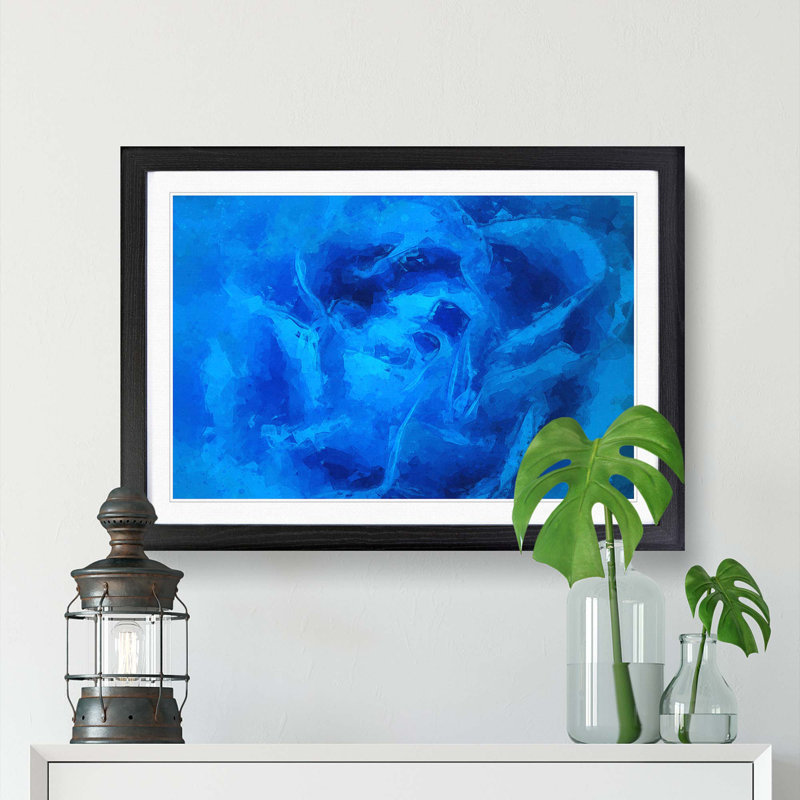 Folded Rose Petals in Blue in Abstract - Picture Frame Graphic Art Print, 27cm H x 36cm W x 2cm D, Black Framed