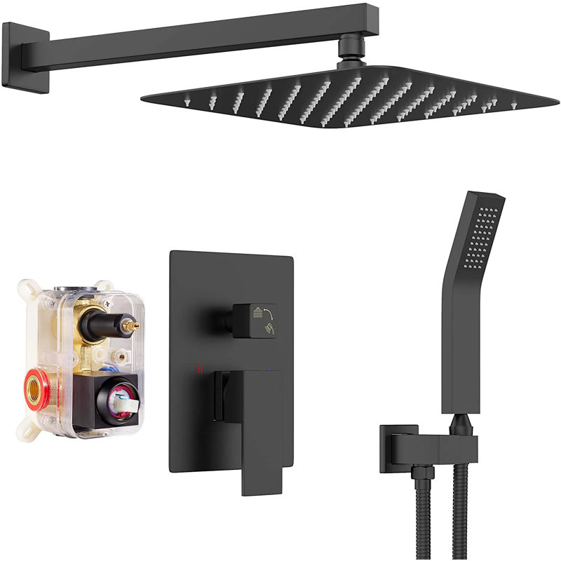 Shower Faucet System Set 12" Rainfall Shower Head with Hand Shower Wall Mounted, Black