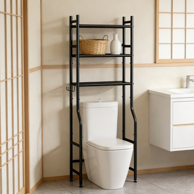 Étagère de rangement à 3 niveaux avec porte-papier hygiénique et crochets, support d'organisation de salle de bain peu encombrant, installation sans perceuse, fabrication en acier robuste