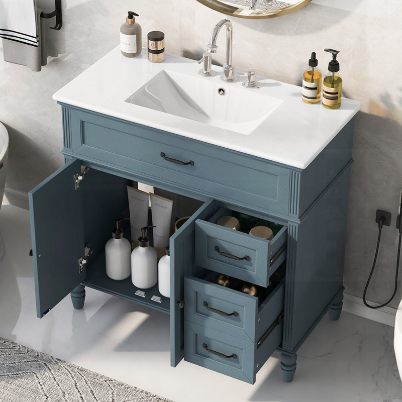 Meuble-lavabo bleu élégant avec lavabo, structure solide, panneau de fibres à densité moyenne et tiroirs spacieux pour les salles de bain modernes