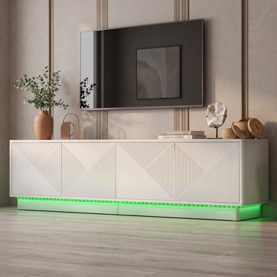 Meuble télé 4 portes en bois avec tablettes réglables, trous pour câbles et éclairage DEL