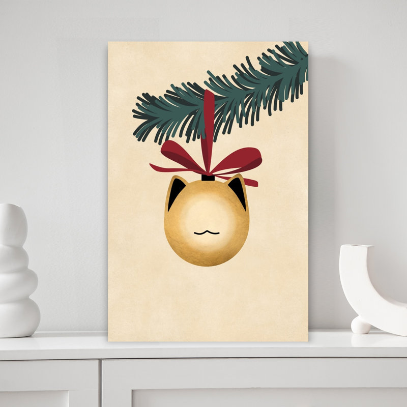 Cute Christmas Cat Ornament Minimalist Abstract Contemporary Christmas Tree Cat Fir Winter Landscape Wall Art Print 1 Piece Wrapped Canvas Wall Art