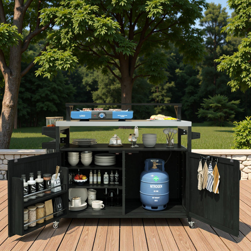Îlot de cuisine extérieur avec tablette surélevée, plateau en acier inoxydable, support de rangement interne, tablettes réglables et support à épices