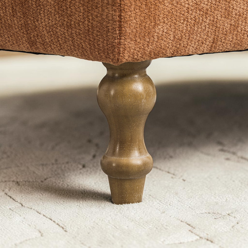 Pouf ottoman moderne en chenille rembourrée de 74 cm de large avec pieds en bois massif, Orange
