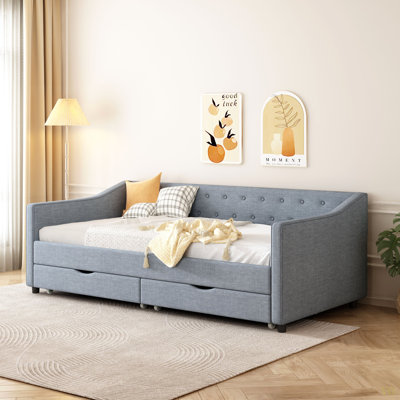 Twin Size Daybed With Drawers Upholstered Tufted Sofa Bed, With Button On Back And Piping On Waved Shape Arms