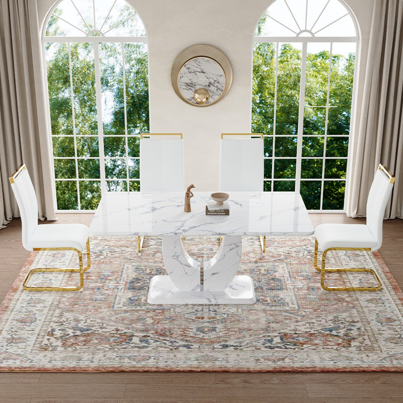 Ensemble de table de salle à manger, Blanc / doré, Marbre blanc, 5 pièces