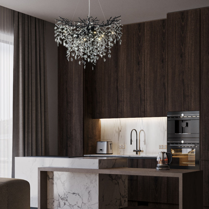 Lustre en cristal 12 lumières Modern, Noir mat, H 27,56 po x l 39,37 po x P 39,37 po