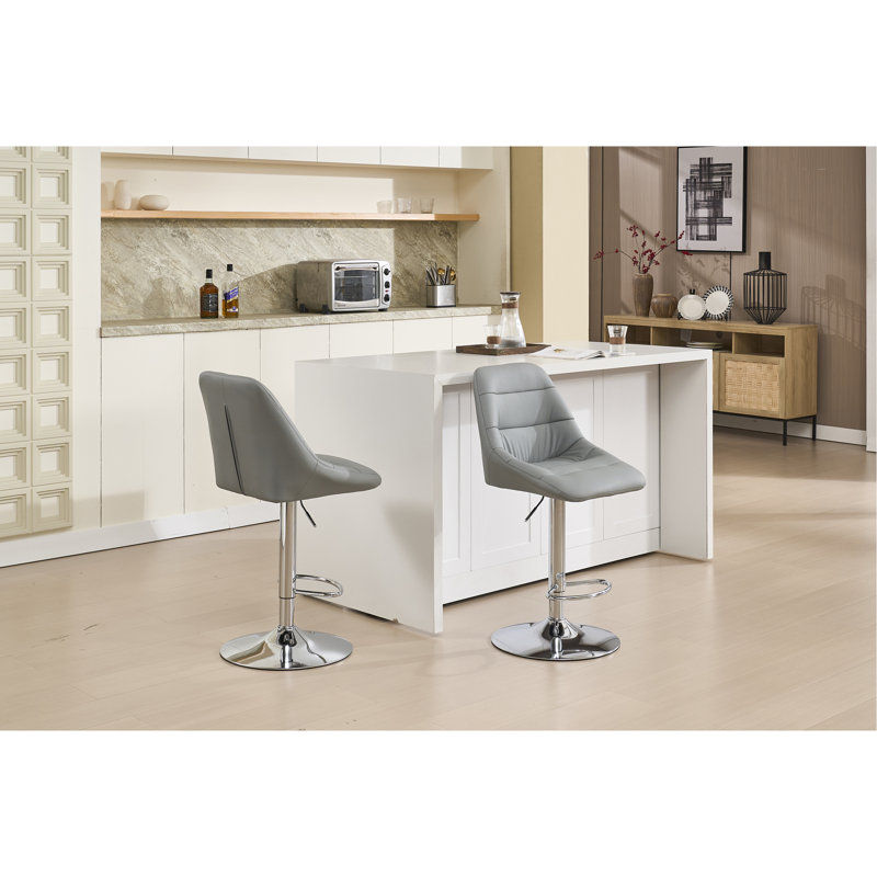 Set Of 2 Bar Stools, With Chrome Footrest And Base Swivel Height Adjustable Mechanical Lifting Velvet + Bar Stool-GREY (Easy To Clean)