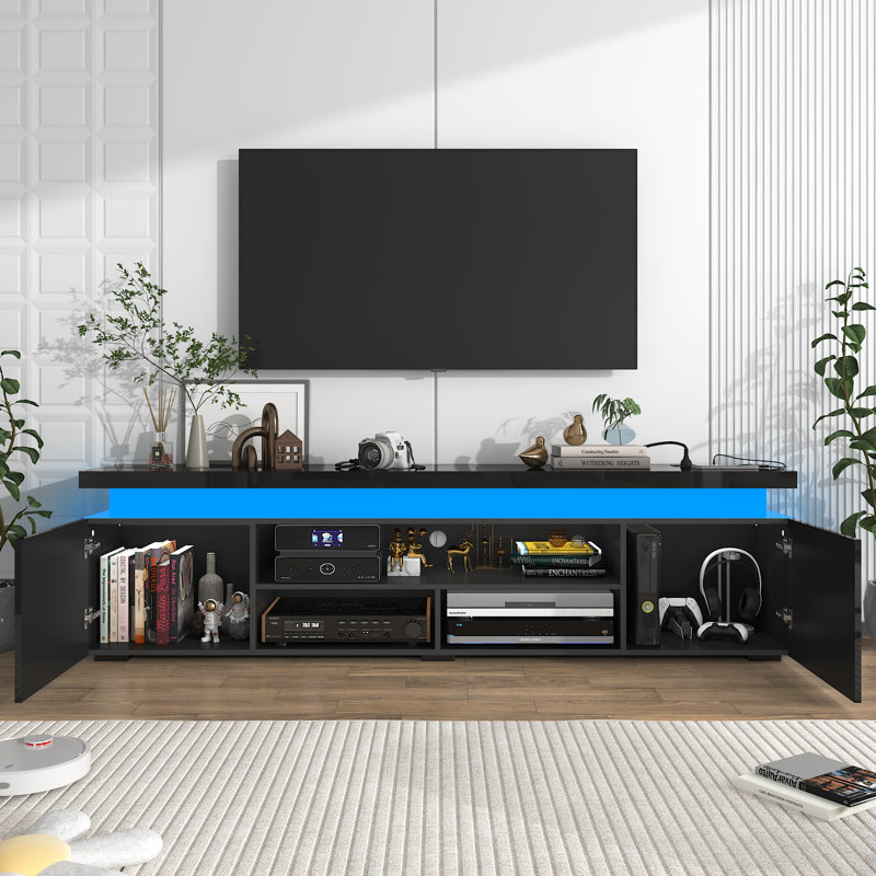 TV Stand/Media Console For Tvs With Power Outlets, USB Ports And LED Light Strips, 82.7" W, Black