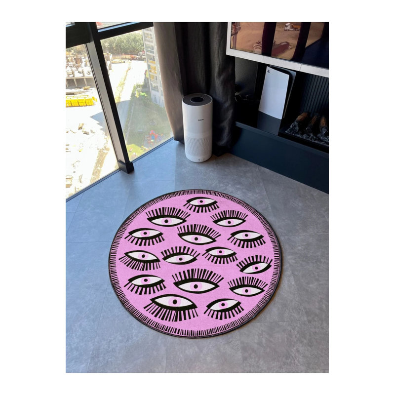 Light Fuchsia Pink Eye Theme Woven Base Round Carpet, Round 2'8"