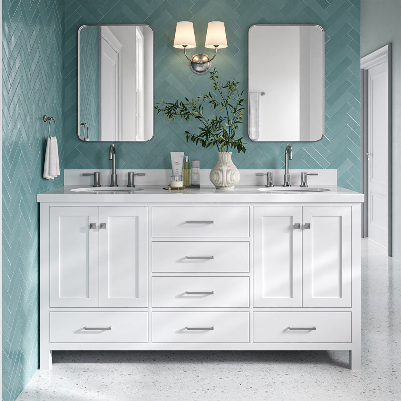 Cambridge 67'' Double Bathroom Vanity with White Quartz Top, White / Brushed Nickel