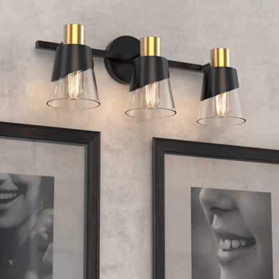 3 Lights Bathroom Light Fixtures Over Mirror, 20.47 Inch Bathroom Light Fixtures, Black And Gold Design With Bevelled Edge And Clear Glass Shade Wall Lamp