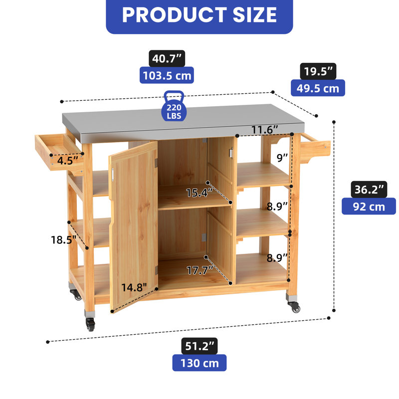 Solid Wood Patio Bar Serving Cart, Natural