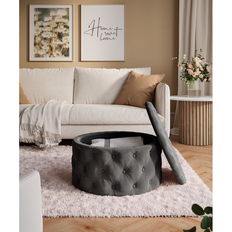 CHESTERFIELD Round Upholstered Pouf Hocker 70 cm, Grey Polyester