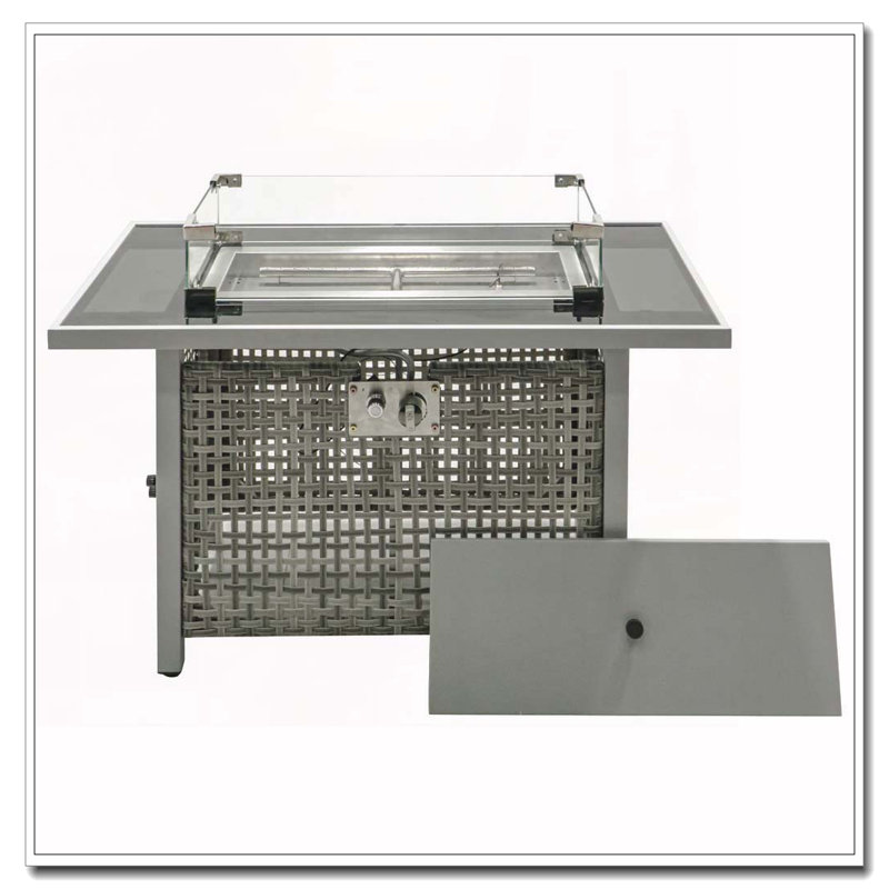 Foyer de table 43 po au gaz propane, foyer extérieur rectangulaire en osier à tissage ouvert de 60000 BTU avec pare-vent en verre pour terrasse extérieure