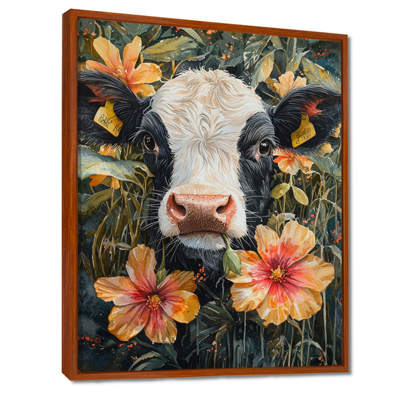 Peinture sur toile de vache Kenniya - Hibiscus, H 20 po x l 12 po, Impression encadrée flottante, Brun
