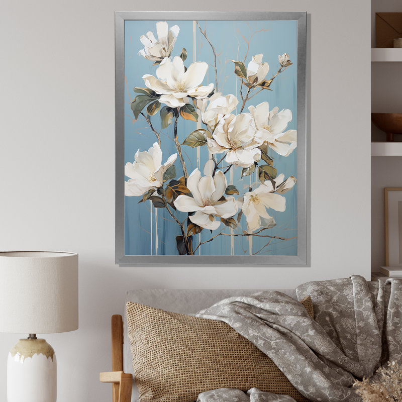 «Elegant White and Blue Magnolias Tranquility VII», reproduction sur toile, Cadre simple argenté, H 20 po x l 12 po x P 1 po