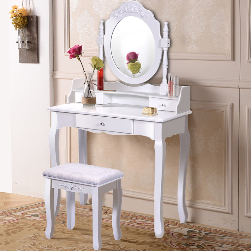 Ensemble coiffeuse avec tabouret et miroir Kaniel, Blanc