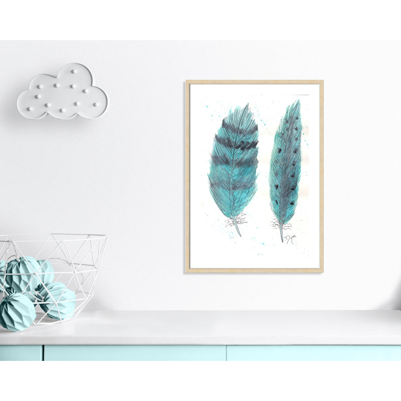 «Feathers in Turquoise II», art encadré, H 35,5 po x l 25,5 po x P 1,18 po, Encadrement beige