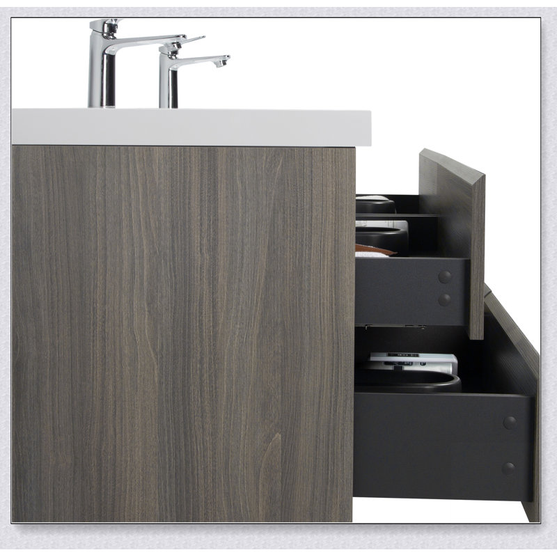 Meuble-lavabo flottant avec lavabo, meuble-lavabo mural moderne avec deux lavabos en quartz et quatre tiroirs à fermeture en douceur, 24V12-72GR
