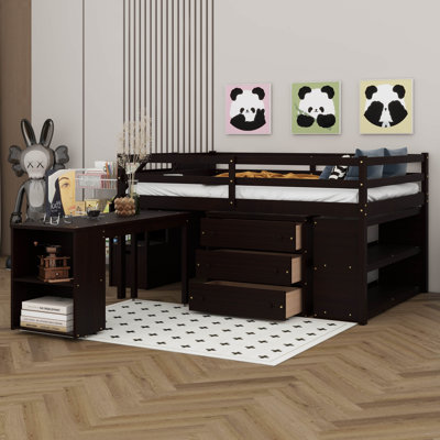 Full Size Low Loft Bed With Retractable Writing Desk And 3 Drawers, Wooden Loft Bed Frame With Storage Stairs And Shelves For Teens