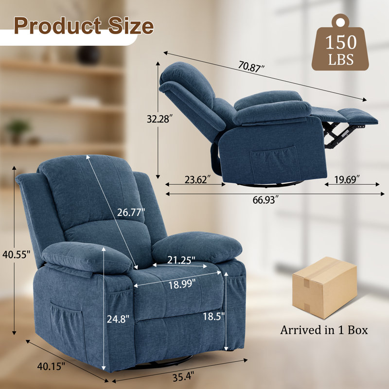 Recliner Chair, Rocker Recliner Chairs With Massage & Heating For Living Room Bedroom, Chenille Fabric, Blue