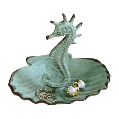 Jewelry Holder Seahorse With Shell Dish Decorative Hanging Jewelry Stand Display Vintage Ring Tray Earring Necklace Metal Organizer, Aqua Blue