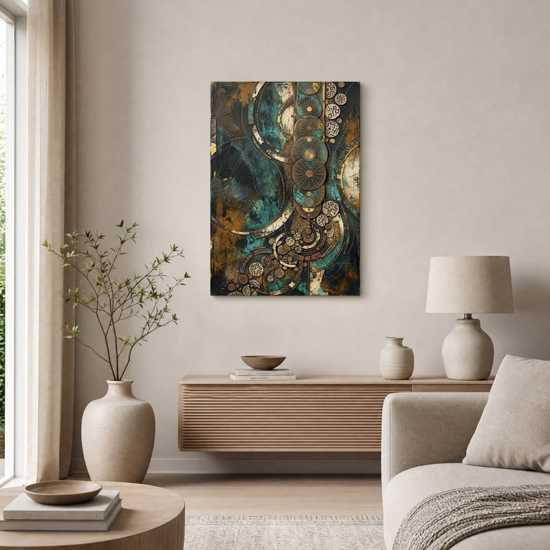 Tableau sur toile aux formes géométriques abstraites turquoise et or, 40"H x 28"W