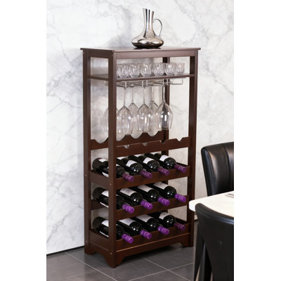 Support à vin de 16 bouteilles avec porte-verres à pied et tablette de rangement, armoire de bar compacte pour verres à vin, cognac et whisky, fabrication en bois d'ingénierie durable