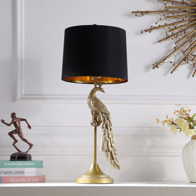 Lampe de table - Élégance moderne en paon doré sur un piédestal en polyrésine