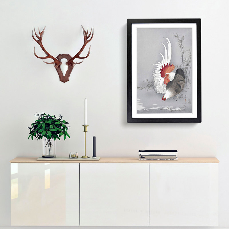 Rooster & Chicken by Ohara Koson - Picture Frame Graphic Art Print, 50cm H x 35cm W x 2cm D, Black