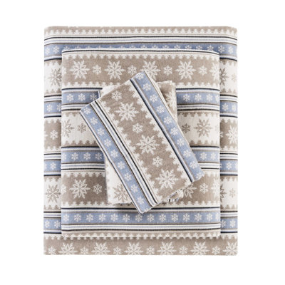 3 Pcs Twin Sheet Of 100% Cotton Flannel With Blue Snowflake, Twin/full Fitted For 12" Mattress, Elasticized, 1 Flat, And 2 Pillowcases, Machine Washable Snowflake Made Flannel, Queen/king/ King 14",