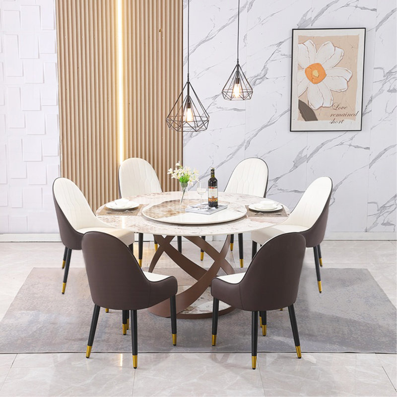 Table de salle à manger moderne en pierre frittée de 59,05 po avec table tournante ronde de 31,5 po et piédestal exquis en métal avec chaises de 6 pièces