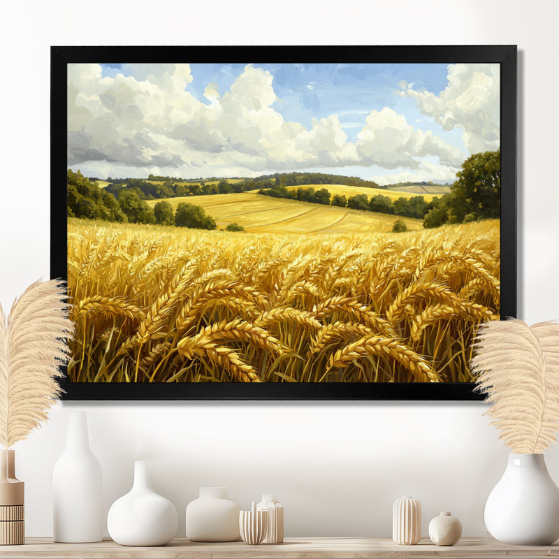 «Countryside Golden Fields In Summer Light I», art mural campagne, H 30 po x l 40 po, Cadre simple, Noir