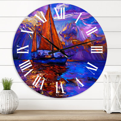 Red Sail Ship On Purple Sunset - Nautical & Coastal wall clock